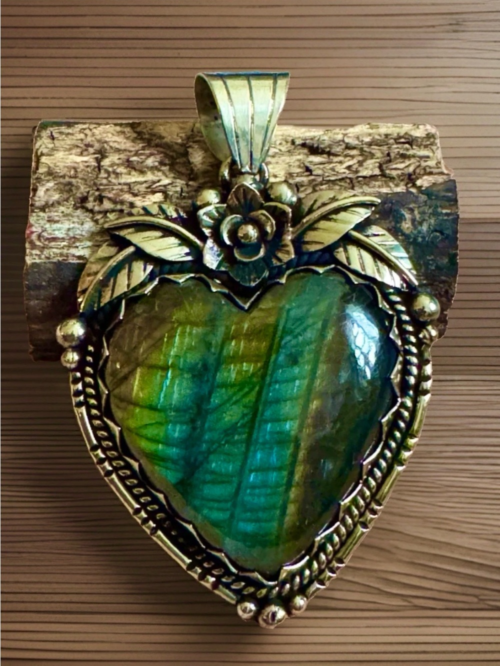 Handcrafted Heart Shape Labradorite Stone Silver Pendant,Floral Carving,3”in,50g